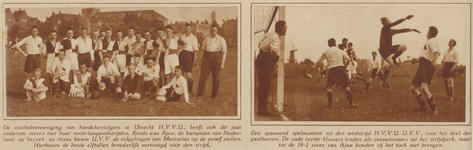 873629 Collage van 2 foto's betreffende de voetbalwedstrijd tussen de voetbalvereniging van handelsreizigers te Utrecht ...